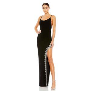 Mac Duggal Rhinestone Encrusted Side Slit Cami Bodycon Gown in Black Size 0